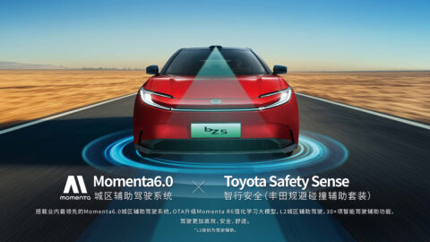 Promotional graphic showing a red 2027 Toyota bZ5 equipped with Momenta 6.0 and Toyota Safety Sense driver-assistance systems.