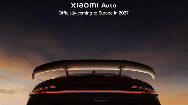 Rear view of a Xiaomi SU7 Ultra beneath text announcing Xiaomi Auto's planned European entry in 2027.