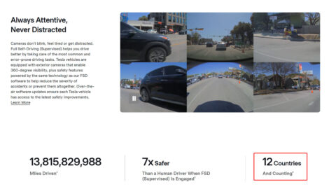 Tesla’s US website shows road scenes captured by vehicle cameras alongside FSD Supervised mileage, safety and market-availability figures.