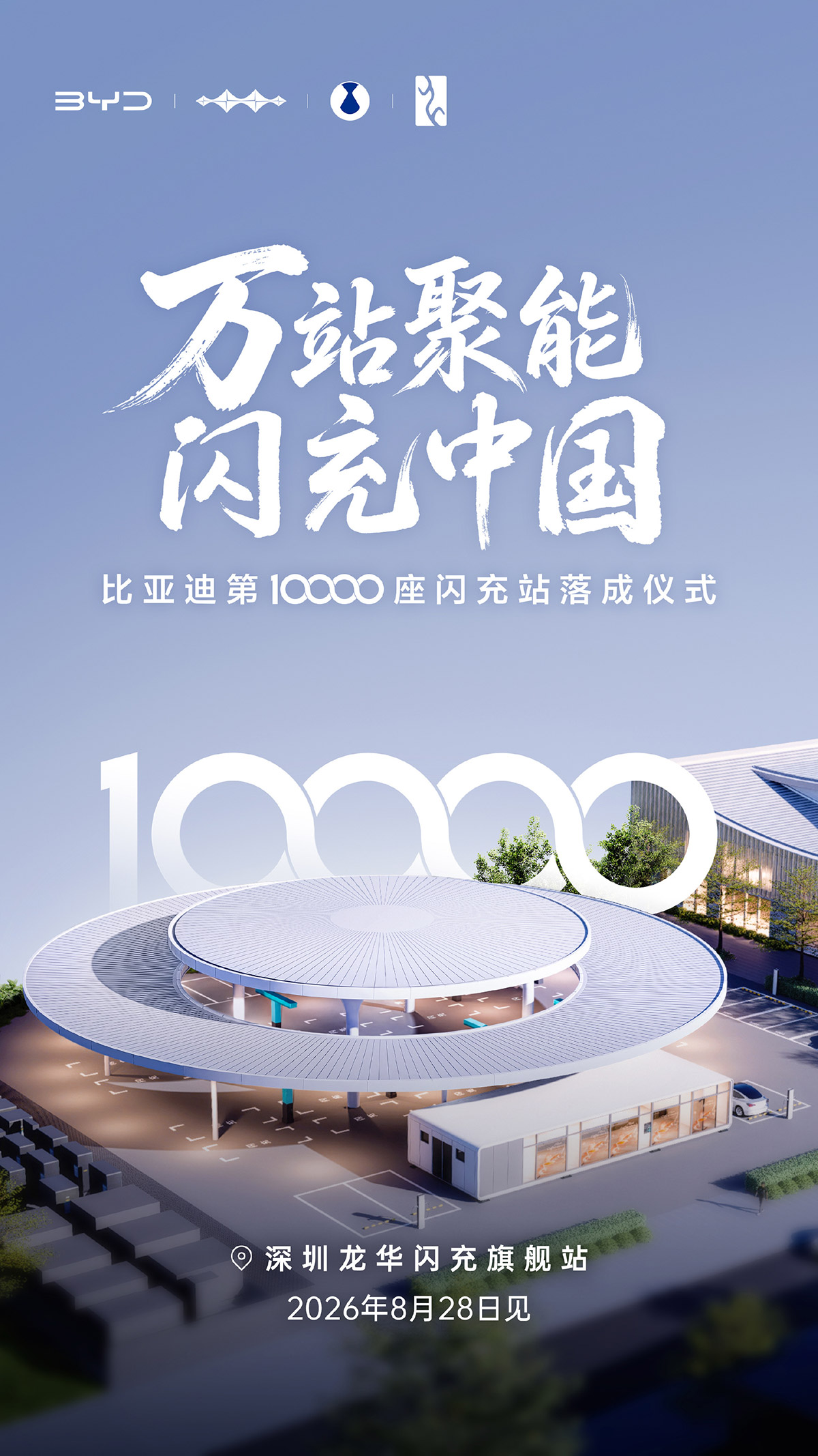 BYD promotional poster showing its circular Longhua flagship flash-charging station in Shenzhen and a large "10,000" marking.