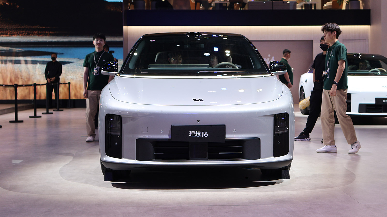 A silver Li i6 electric SUV viewed from the front at the 2026 Beijing Auto Show.