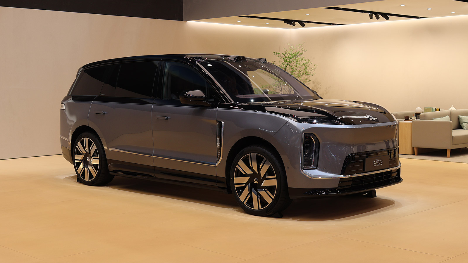 A gray Nio ES9 electric SUV displayed at the 2026 Beijing auto show.