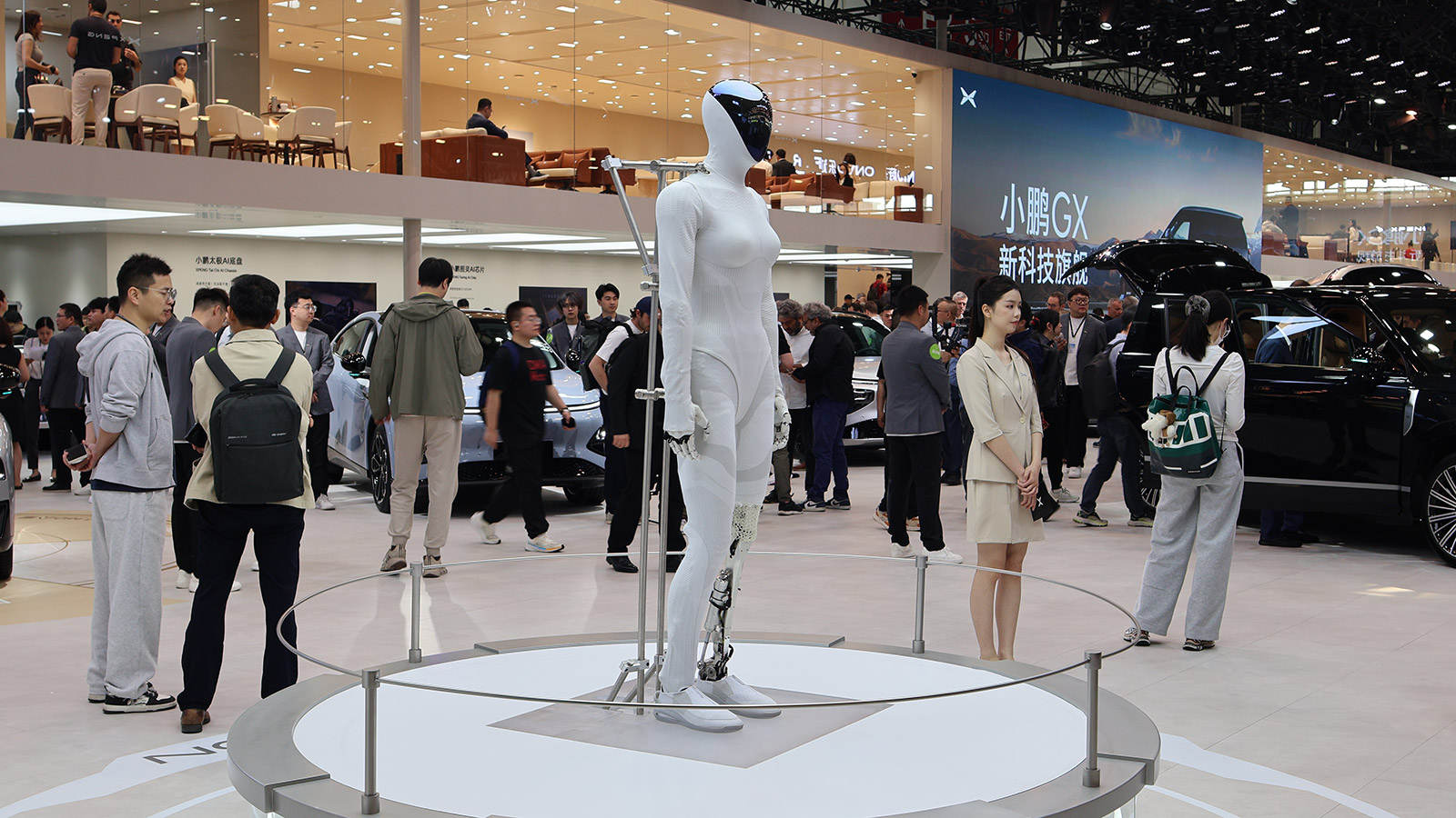 An Xpeng Iron humanoid robot on display at the Beijing Auto Show in April 2026.