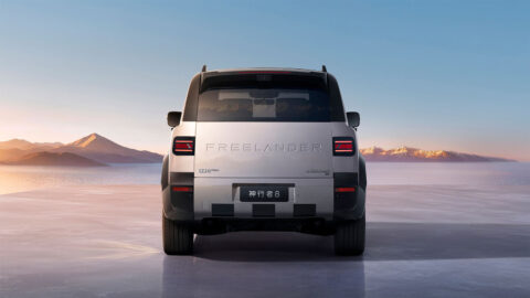 Rear view of a silver Freelander 8, showing its vertical tailgate and rectangular taillights.