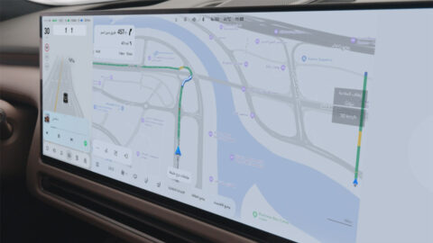 The Li L9's dashboard display showing an Arabic-language navigation map for Dubai.