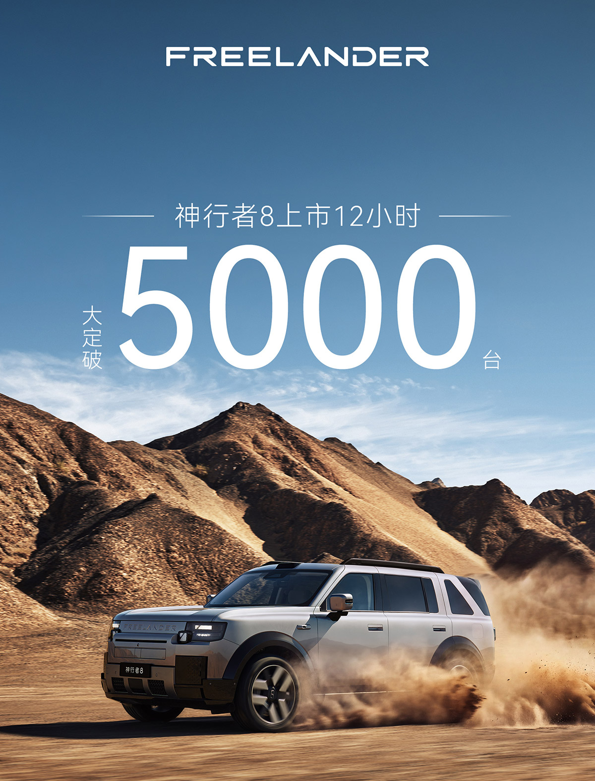 A gray Freelander 8 drives through dusty mountain terrain beneath a message saying firm orders topped 5,000 within 12 hours of launch.