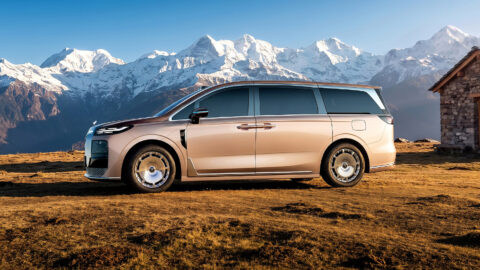 Side profile of a gold-colored Voyah Dream 9 parked on grass with snow-covered mountains in the background.