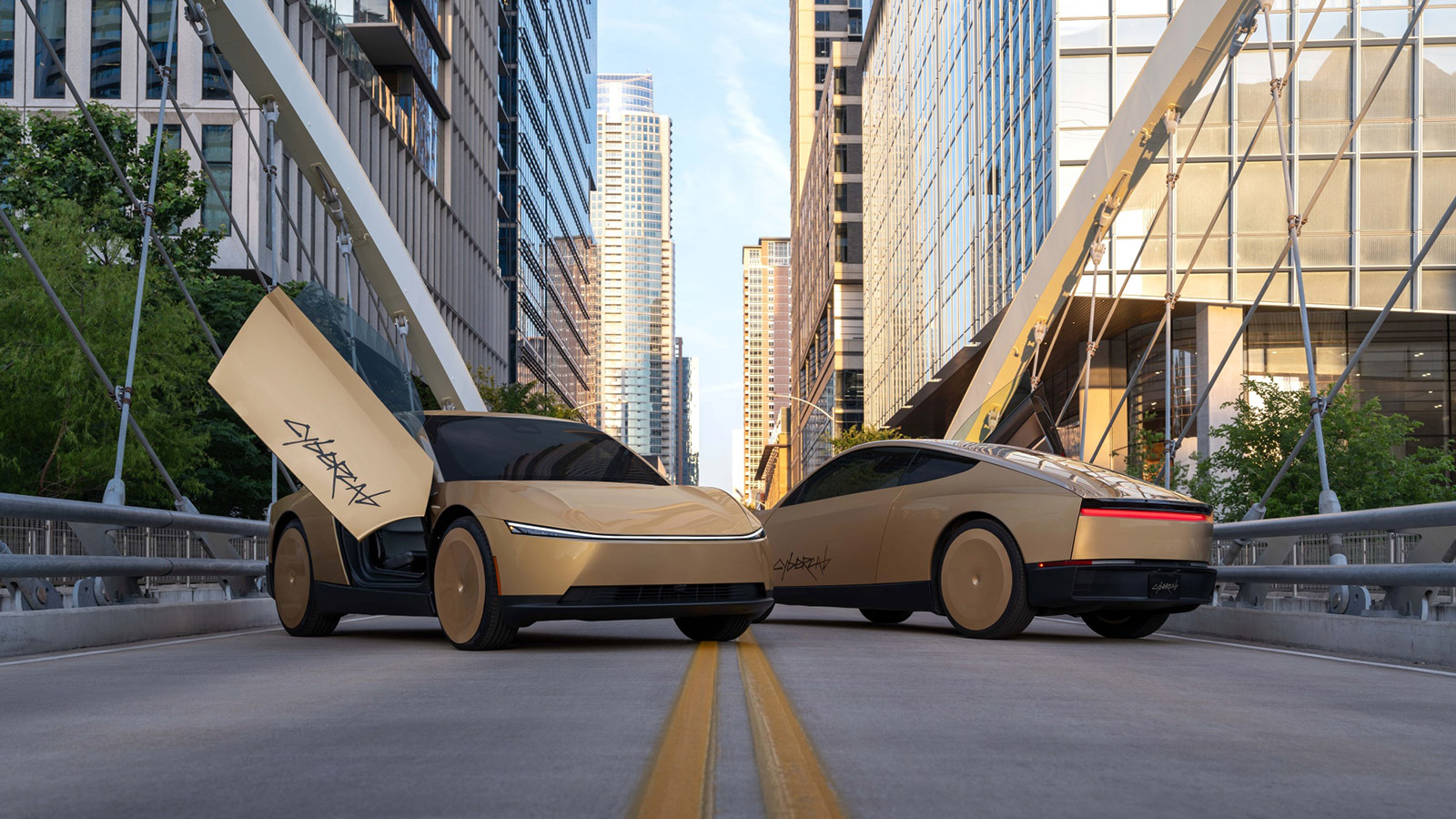 Two gold-colored Tesla Cybercabs positioned on an urban bridge, with the butterfly door of one vehicle raised.