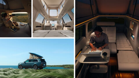 Collage showing the Xiaomi Sky Nomad N90 Max Explorer edition's raised roof, fold-flat bed and a passenger working on a laptop.