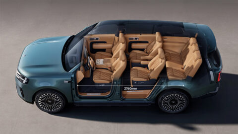 Cutaway illustration of the Xiaomi Sky Nomad N90 Max showing tan seats arranged in a 2+2+3 layout.