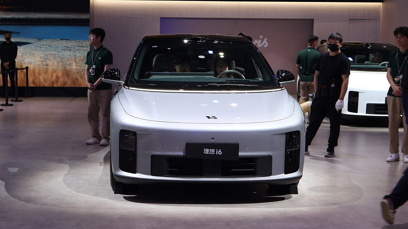Front view of a silver Li i6 electric SUV on display at the Beijing Auto Show in April 2026.