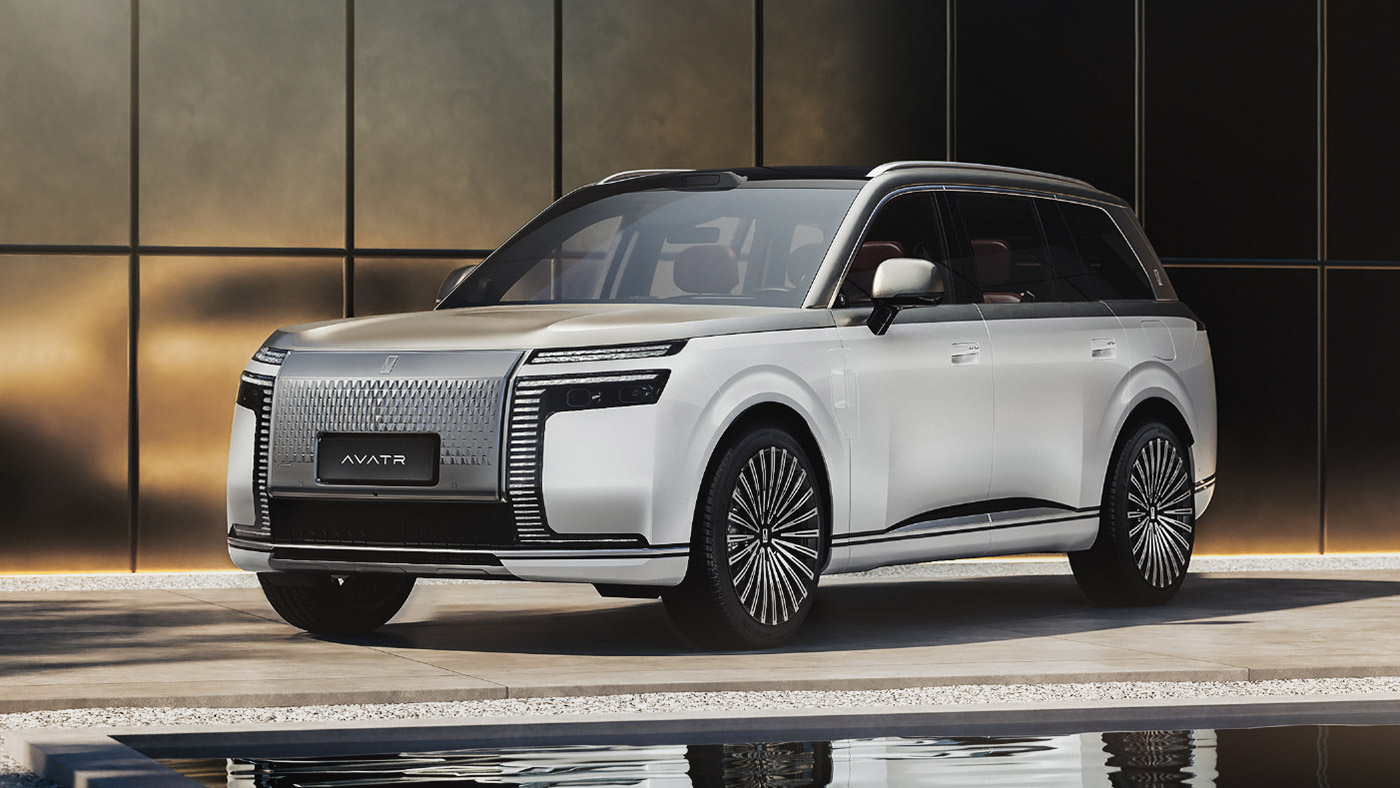 Front three-quarter view of Avatr's silver-and-white 9-series flagship SUV, showing split headlights, a patterned grille and roof-mounted LiDAR.