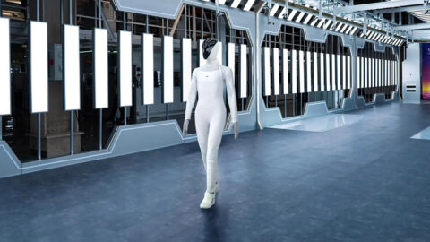 Xpeng's Iron humanoid robot walks through a brightly lit inspection area at the manufacturing facility.
