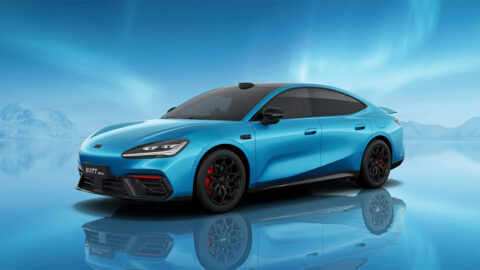 Blue Geely Galaxy TT Ultra viewed from the front three-quarter angle, with black wheels, red brake calipers and roof-mounted LiDAR.