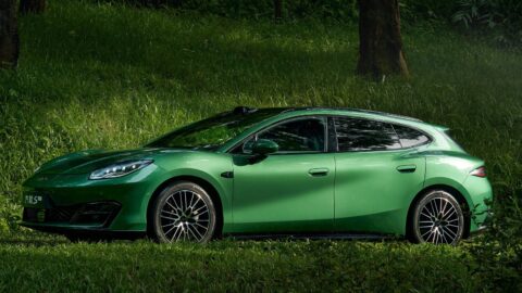 Green Fang Cheng Bao Formula S GT electric shooting brake parked on grass beside trees.