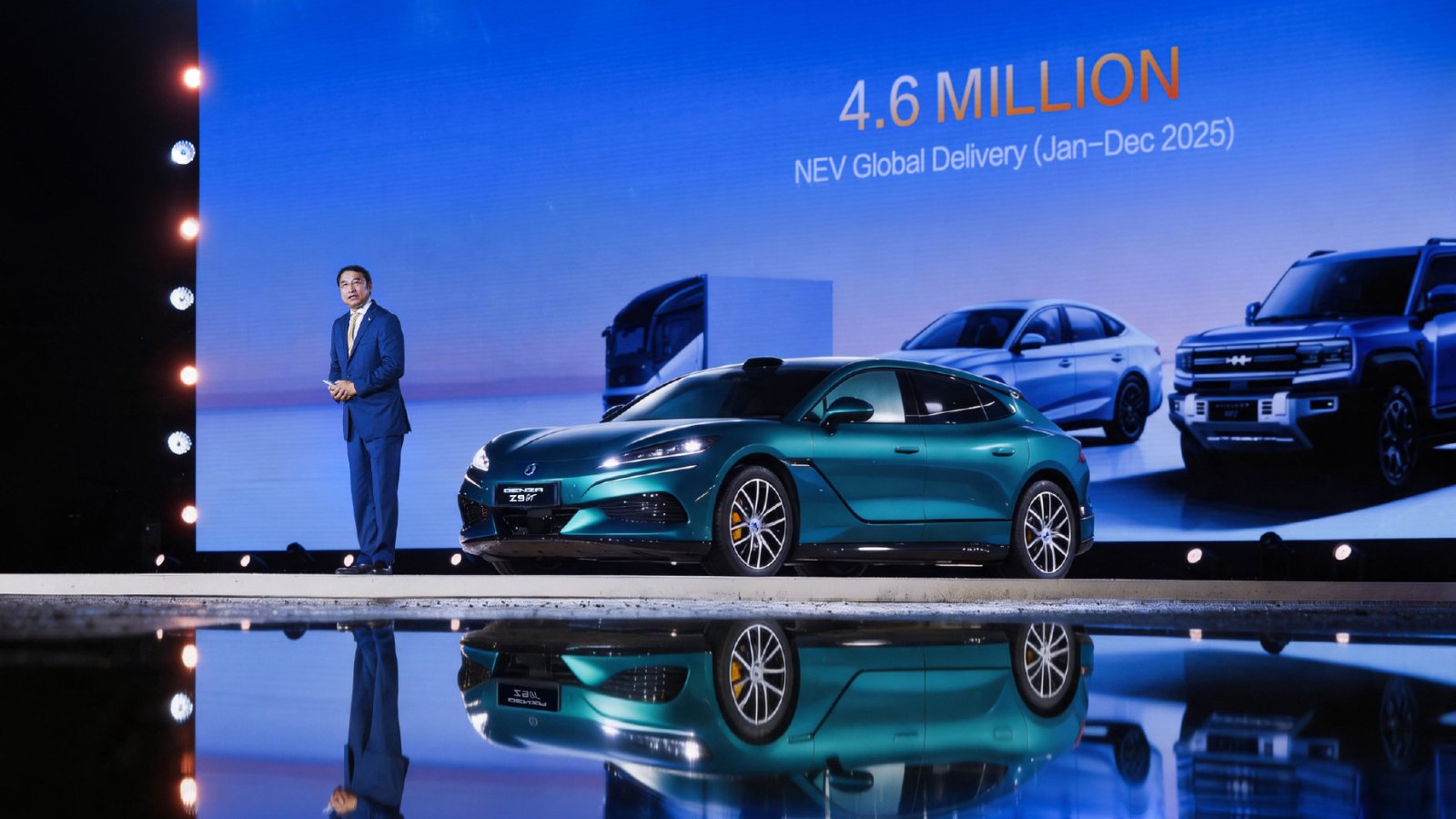 BYD vice president Liu Xueliang introduces a green Denza Z9GT on stage at its Thailand launch in Bangkok.