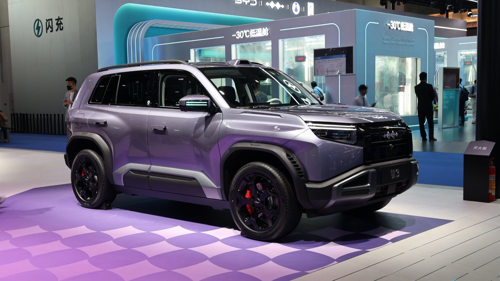 Front three-quarter view of a silver BYD Fang Cheng Bao Tai 3 SUV on display at the 2026 Beijing Auto Show.