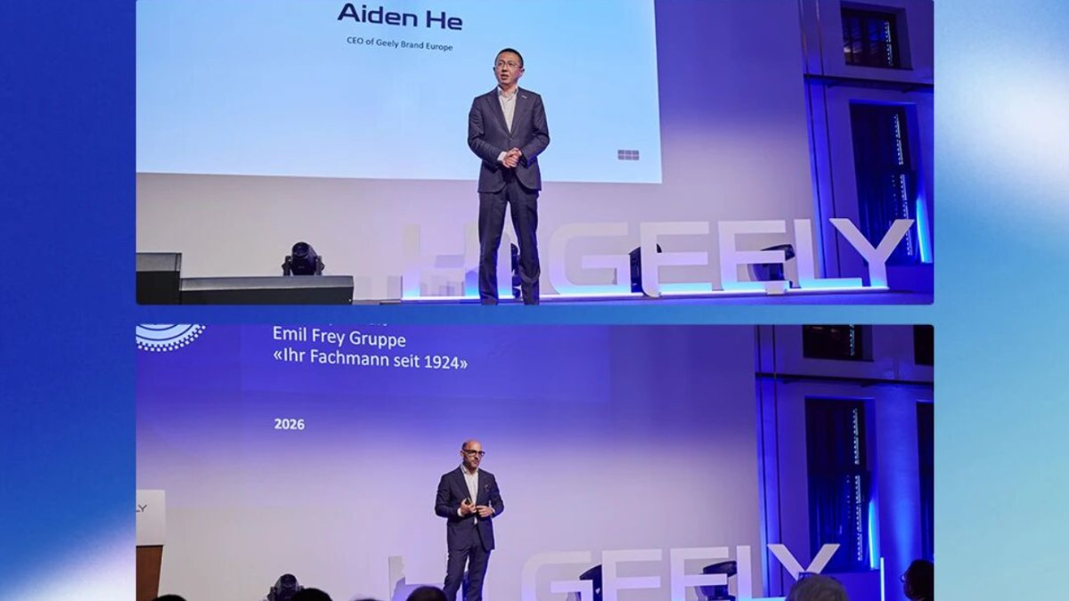 Two stage photos from Geely's brand launch event in Zurich: in the top image, an executive speaks in front of a presentation slide introducing the CEO of Geely Brand Europe, with large illuminated Geely letters on the stage; in the bottom image, a speaker presents in front of a slide bearing the Emil Frey Group name and its slogan "Ihr Fachmann seit 1924."