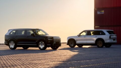 Black and silver Zeekr 9X SUVs parked facing opposite directions beside stacked shipping containers.