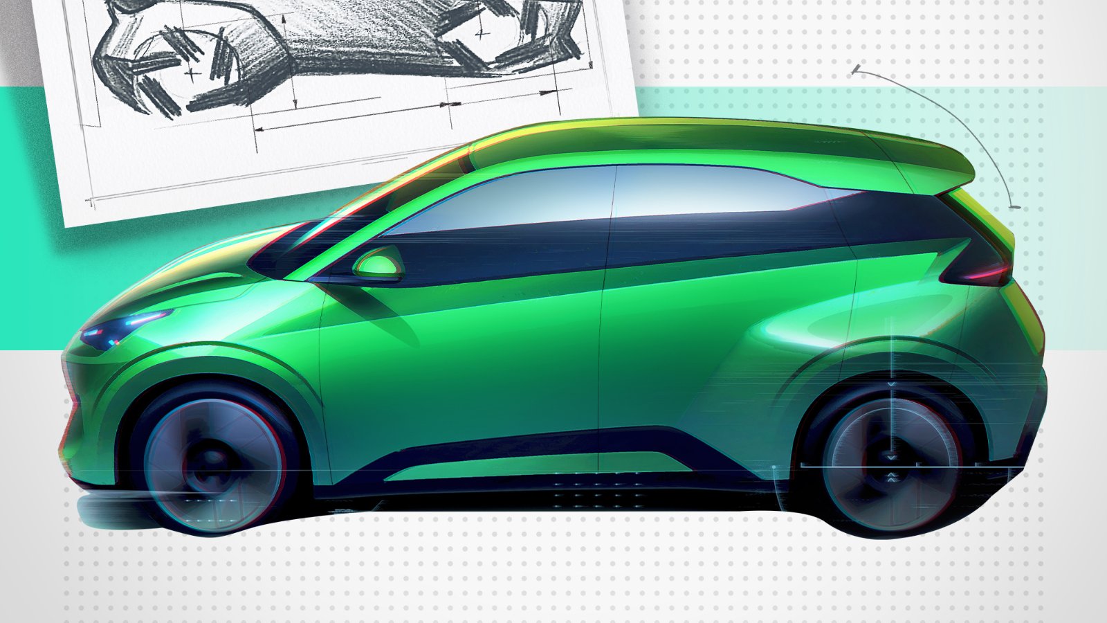 Design rendering of the second-generation BYD Seagull in green, showing its side profile, rising beltline and roof spoiler.