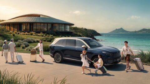 A three-generation family of six with suitcases walks toward an Onvo L90 in the Starry Gold design package, parked in front of a glass-walled villa by the sea with mountains in the distance.