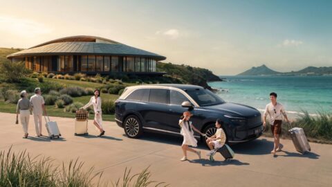 Adults and children with luggage beside a blue-and-gold Onvo L90 outside a seaside building.
