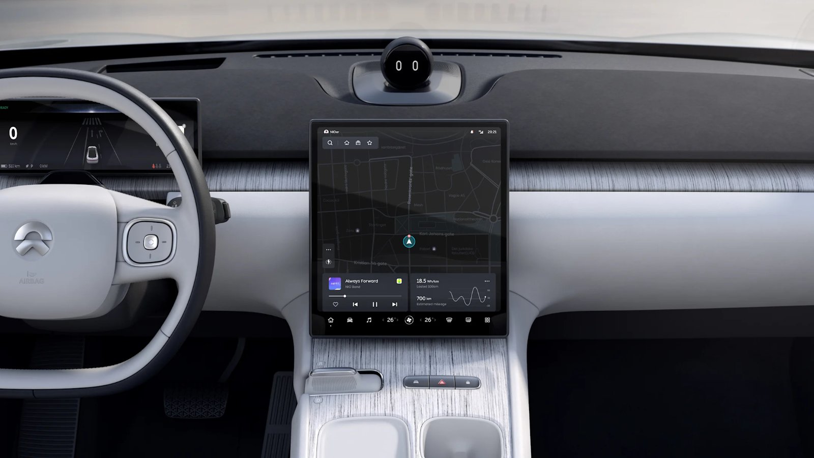Nio vehicle interior with a navigation map on the central touchscreen and the NOMI assistant above the dashboard.