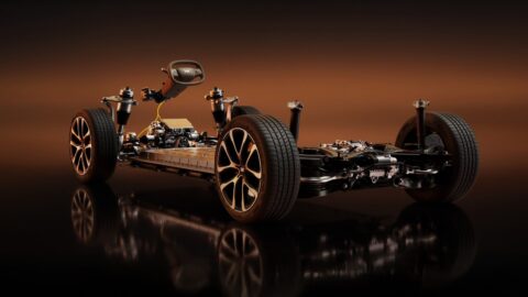 Demonstration rendering of the IM Motors LS6 by-wire chassis, showing its steering wheel, suspension and four-wheel steering layout.