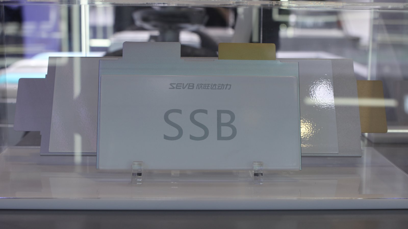 Sunwoda solid-state battery cell labeled “SSB” on display at the Shanghai Auto Show in April 2025.