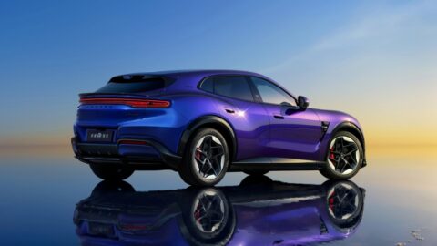 Purple Luxeed RX viewed from the rear three-quarter angle, showing its full-width taillights and sloping roofline.