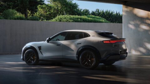 Gray Luxeed RX with black wheels parked beside a concrete wall, viewed from the rear three-quarter angle.