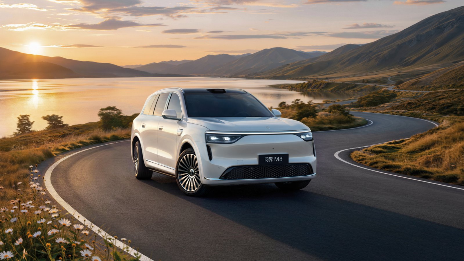 White updated Aito M8 SUV shown from a front three-quarter angle on a winding lakeside road at sunset.
