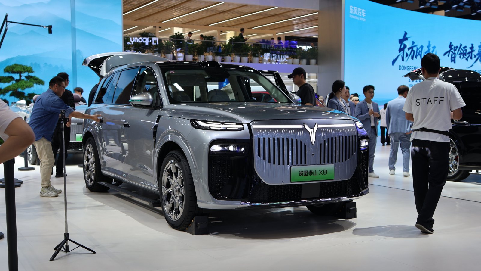 Front three-quarter view of a gray Voyah Taishan X8 SUV at the Beijing Auto Show in April 2026.