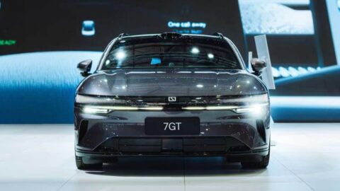 Gray Zeekr 7GT electric shooting brake on display at the Sydney EV show.