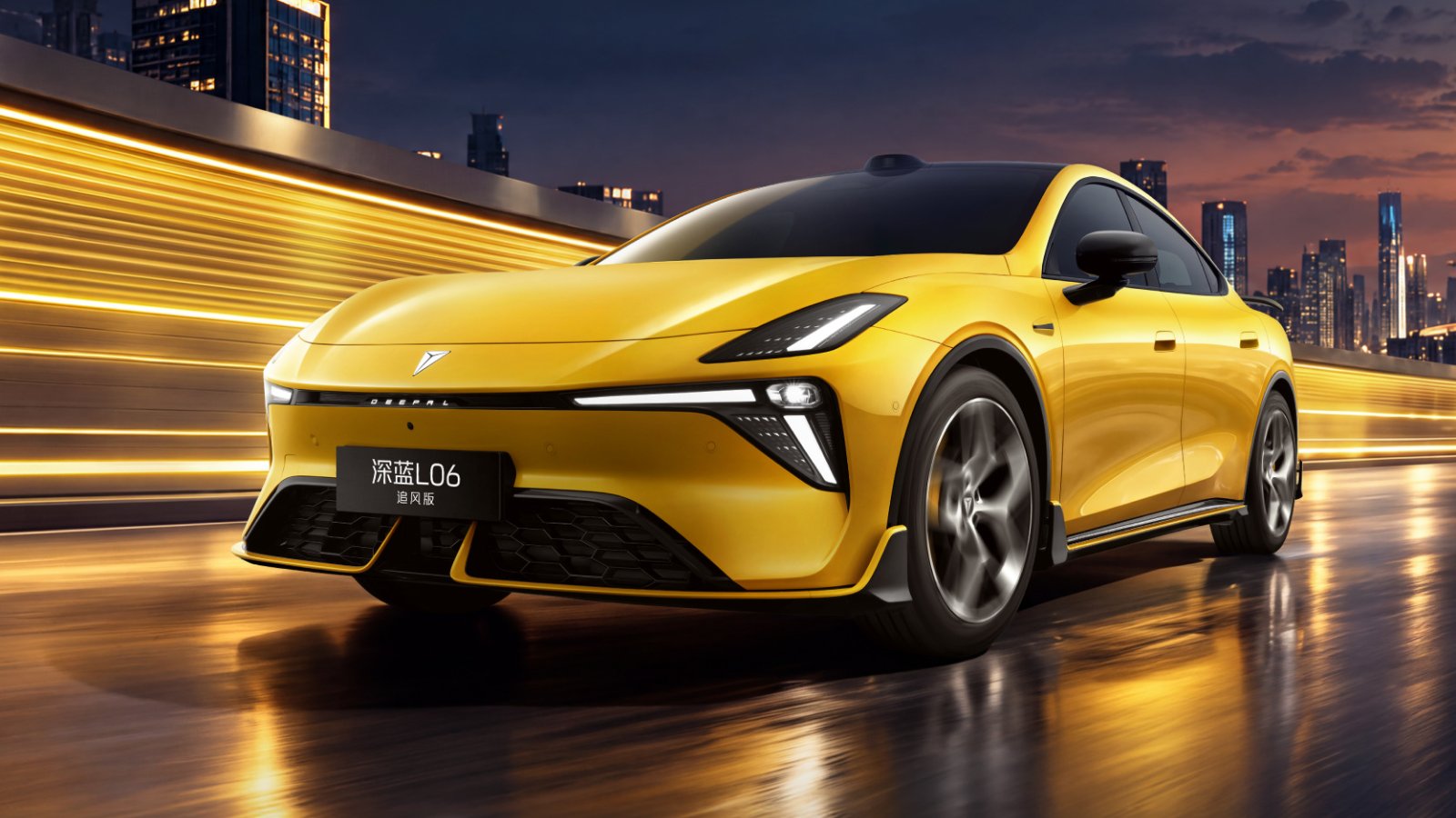 Yellow Deepal L06 Zhuifeng edition sedan shown from the front three-quarter angle on a city road at dusk.