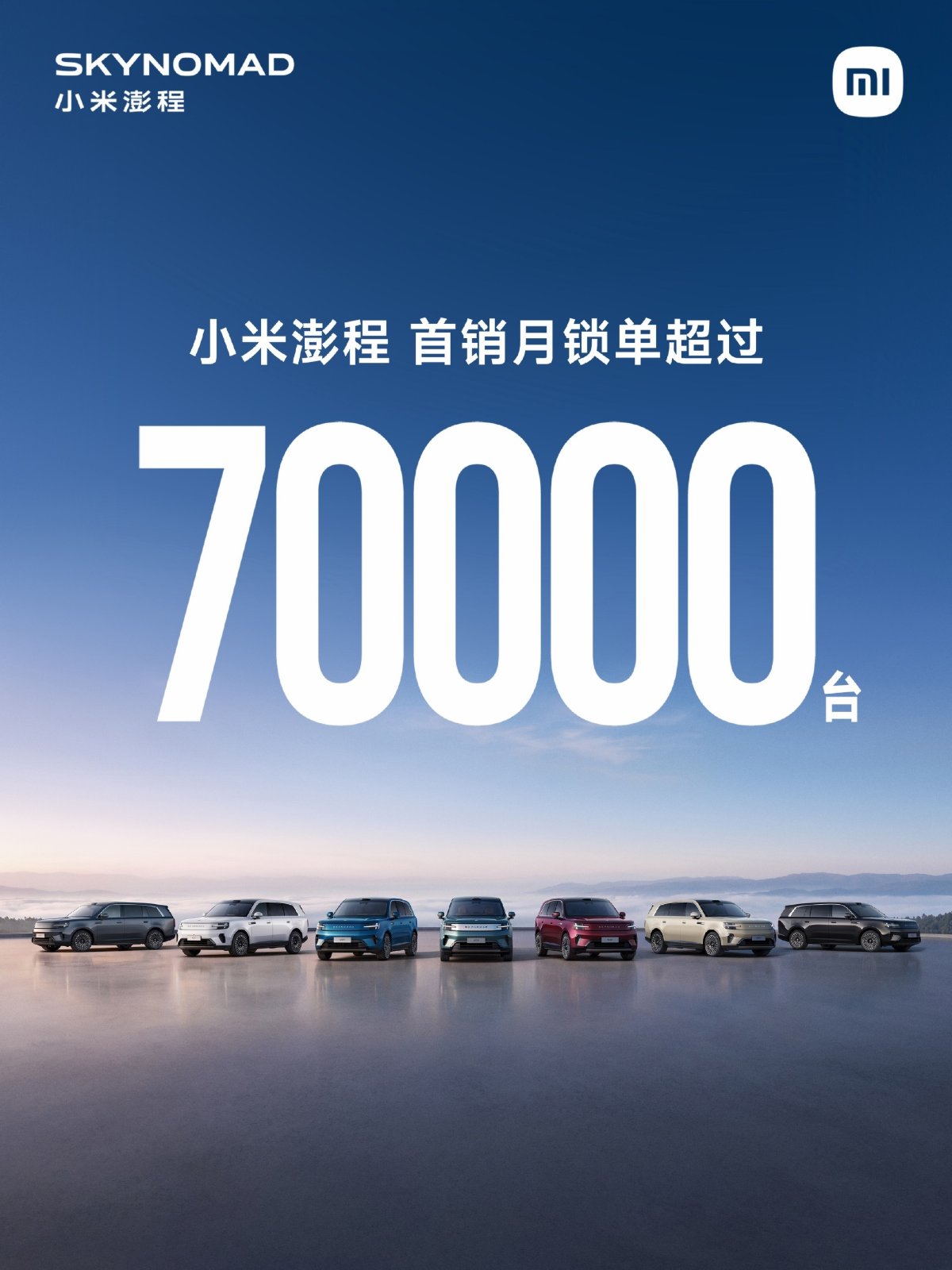 Xiaomi poster announcing more than 70,000 locked-in orders for the Sky Nomad lineup in its first month, with vehicles pictured below.