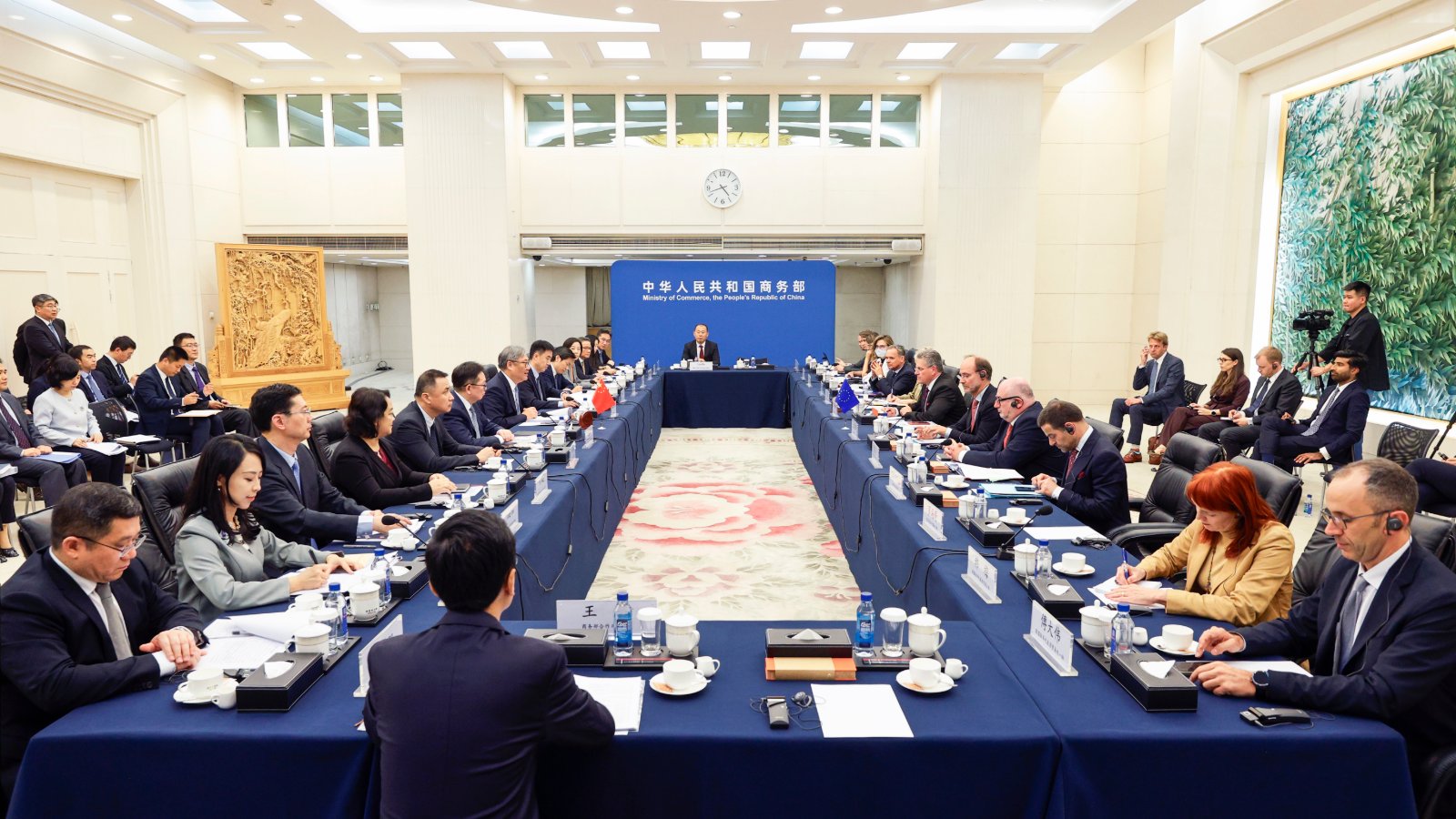 Chinese and EU delegations sit across from each other during trade talks at China’s Ministry of Commerce in Beijing.