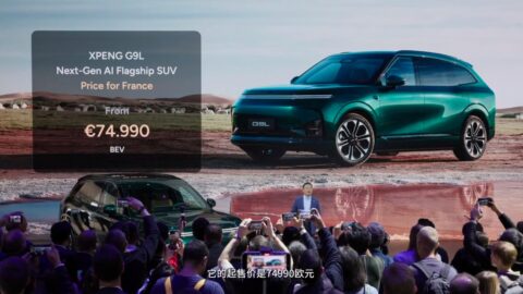 Launch presentation showing the Xpeng G9L's starting price of 74,990 euros in France.