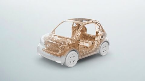 Rendering of the Smart #2 body structure with its passenger safety cell highlighted in gold.