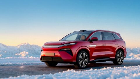 Front three-quarter view of a red BYD Atto 8 against a snowy mountain backdrop.