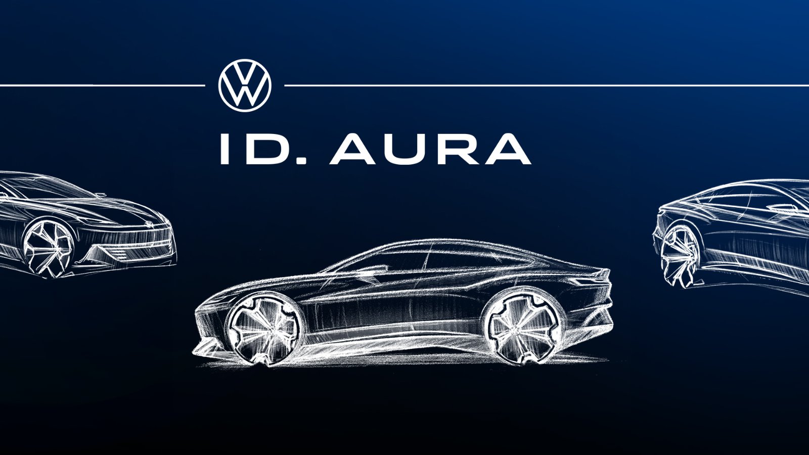 Design sketches of the Volkswagen ID. AURA concept sedan showing its side profile and front and rear three-quarter views.