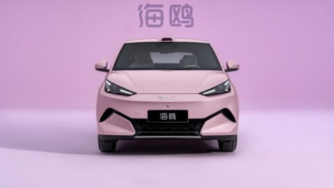 Front view of a pink second-generation BYD Seagull, showing its angular headlights and black lower grille.