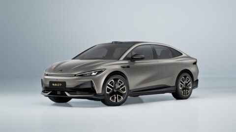 Front three-quarter view of a Volkswagen ID. UNYX 07 sedan with a roof-mounted LiDAR sensor.