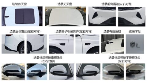 BYD Qin Plus EV exterior options showing roof configurations, bumper sensors, fender trim and side mirrors.