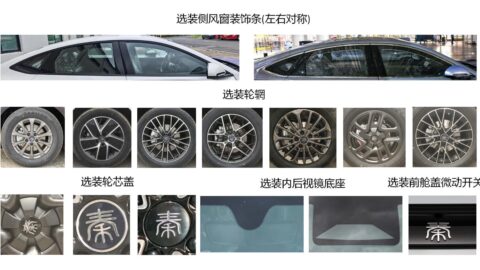 BYD Qin Plus EV options showing window trim, wheel designs, center caps and rearview mirror mounts.