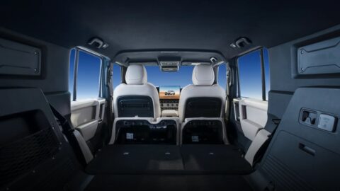 View from the iCar V25's cargo area showing a flat load floor and the backs of the front seats.