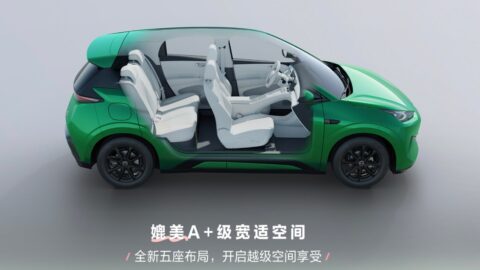 Cutaway rendering of the green BYD Seagull showing its five-seat cabin layout with white seats