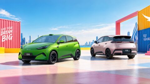 Two BYD Seagull hatchbacks, one green facing forward and one pink seen from the rear, displayed in a colorful set with shipping containers in the background