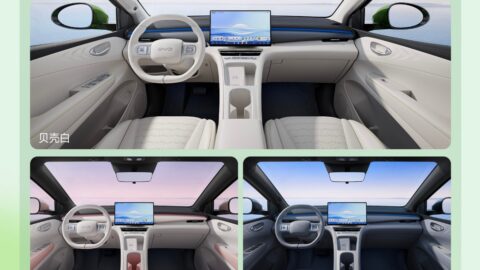 Three views of the BYD Seagull's beige and white interior, showing the steering wheel, center console and a freestanding central touchscreen